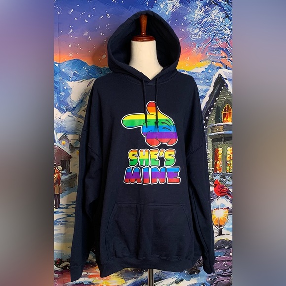 Blue She’s Mine Mickey Mouse Pointing Hand, The Rainbow Mickey Hands Hoodie 3XL - Picture 1 of 10